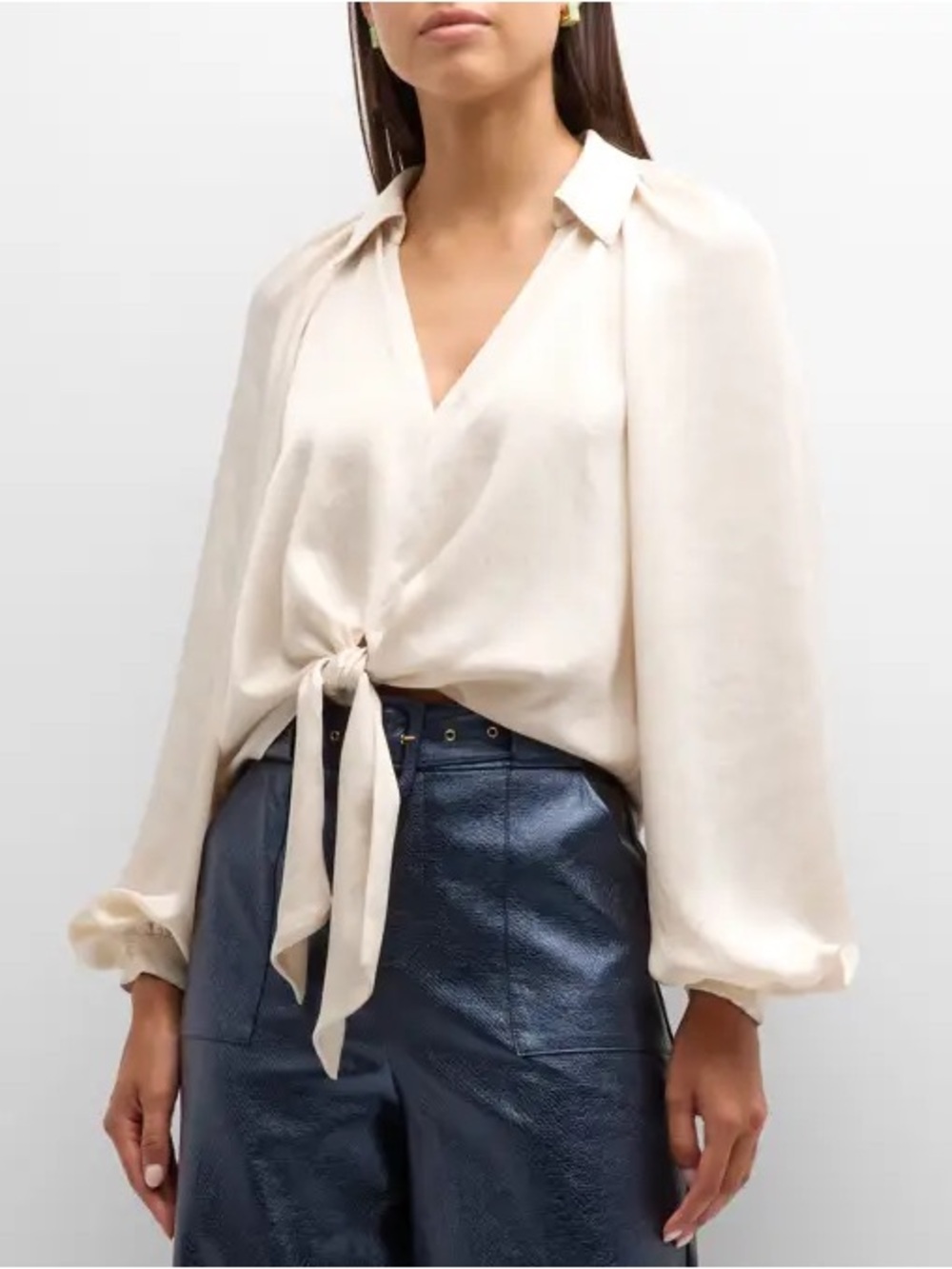 Tie-Front V-Neck Long-Sleeve Top in Ivory